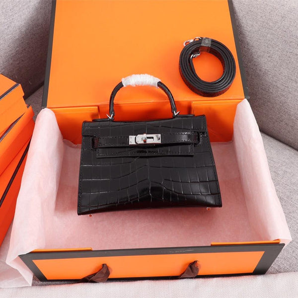 HM KELLY MINI 19.5 BLACK CROCODILE EMBOSSED CALFSKIN SILVER HARDWARE