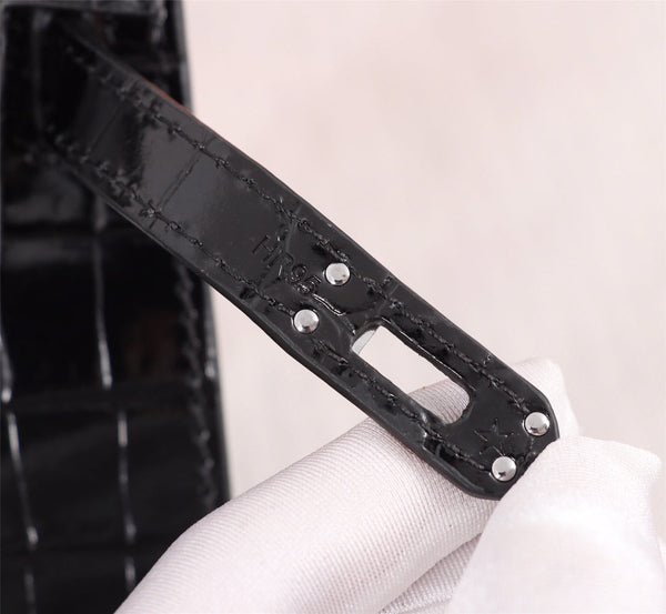 HM KELLY MINI 19.5 BLACK CROCODILE EMBOSSED CALFSKIN SILVER HARDWARE