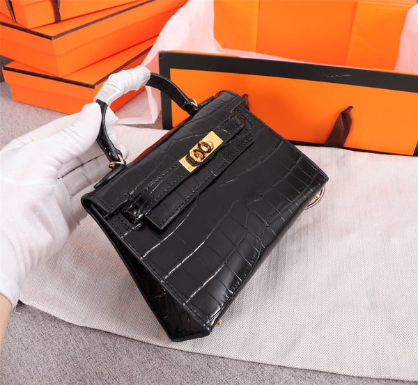 HM KELLY MINI 19.5 BLACK CROCODILE EMBOSSED CALFSKIN