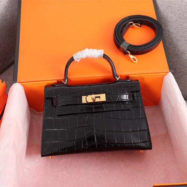 HM KELLY MINI 19.5 BLACK CROCODILE EMBOSSED CALFSKIN