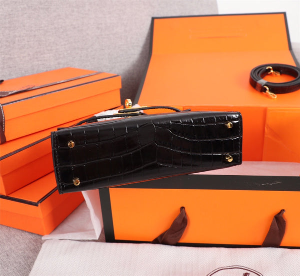 HM KELLY MINI 19.5 BLACK CROCODILE EMBOSSED CALFSKIN