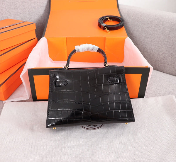 HM KELLY MINI 19.5 BLACK CROCODILE EMBOSSED CALFSKIN