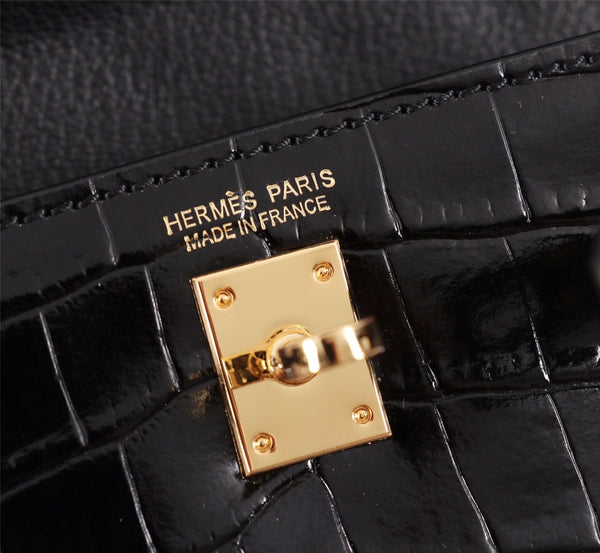 HM KELLY MINI 19.5 BLACK CROCODILE EMBOSSED CALFSKIN