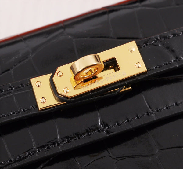 HM KELLY MINI 19.5 BLACK CROCODILE EMBOSSED CALFSKIN