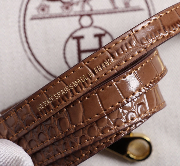 HM KELLY MINI 22 CHOCOLATE CROCODILE EMBOSSED CALFSKIN GOLD HARDWARE