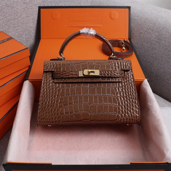 HM KELLY MINI 22 CHOCOLATE CROCODILE EMBOSSED CALFSKIN GOLD HARDWARE