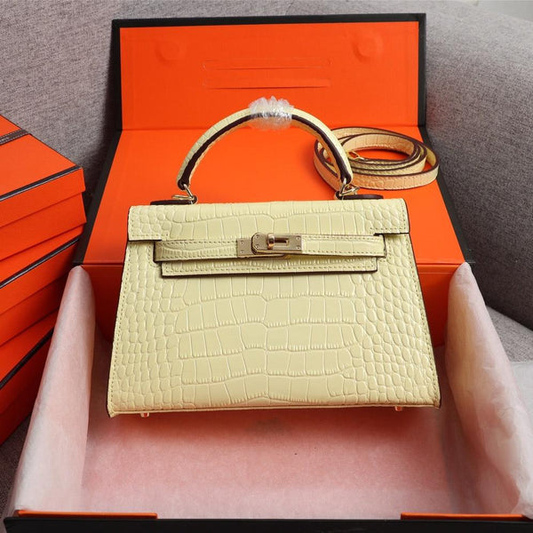 HM KELLY MINI 19 PASTEL YELLOW CROCODILE EMBOSSED COWHIDE GOLD HARDWARE