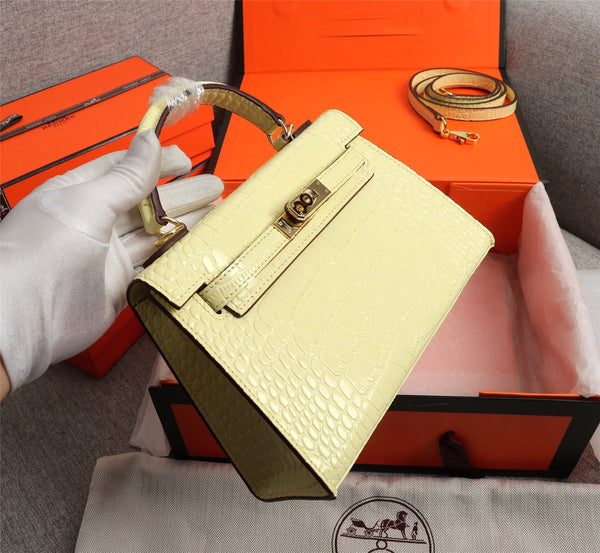 HM KELLY MINI 19 PASTEL YELLOW CROCODILE EMBOSSED COWHIDE GOLD HARDWARE