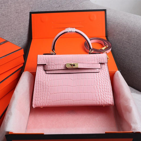 HM KELLY MINI 19 LIGHT PINK CROCODILE EMBOSSED CALFSKIN GOLD HARDWARE