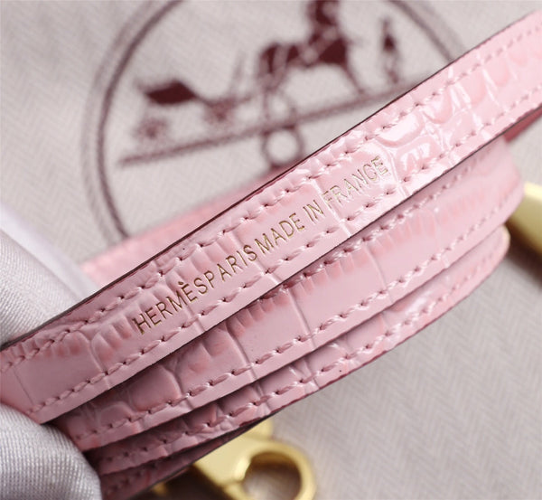 HM KELLY MINI 19 LIGHT PINK CROCODILE EMBOSSED CALFSKIN GOLD HARDWARE