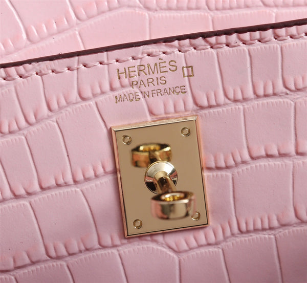 HM KELLY MINI 19 LIGHT PINK CROCODILE EMBOSSED CALFSKIN GOLD HARDWARE