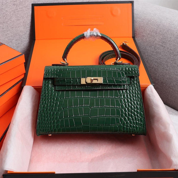 HM KELLY MINI 19 CASTLETON GREEN CROCODILE EMBOSSED CALFSKIN GOLD HARDWARE