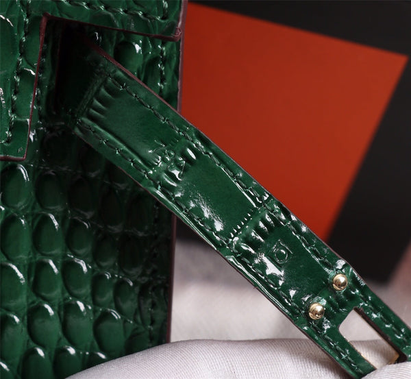 HM KELLY MINI 19 CASTLETON GREEN CROCODILE EMBOSSED CALFSKIN GOLD HARDWARE