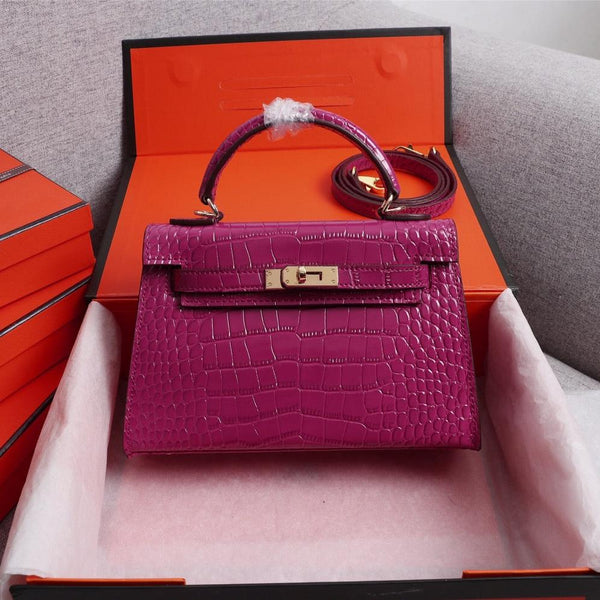 HM KELLY MINI 19 BARBIE PINK CROCODILE EMBOSSED CALFSKIN GOLD HARDWARE