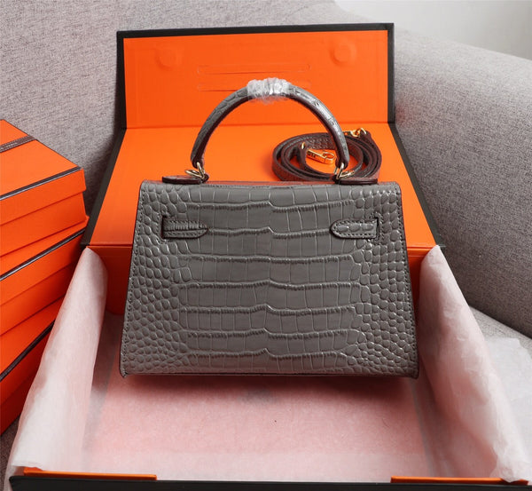 HM KELLY MINI 19 FOSSIL CROCODILE EMBOSSED CALFSKIN GOLD HARDWARE