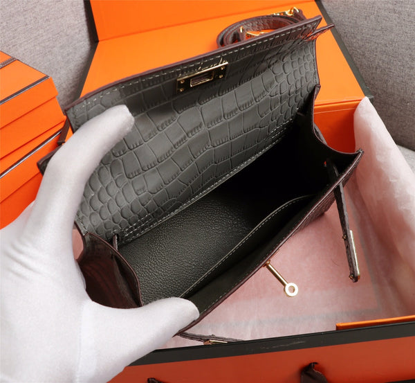 HM KELLY MINI 19 FOSSIL CROCODILE EMBOSSED CALFSKIN GOLD HARDWARE