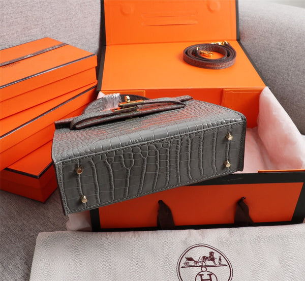 HM KELLY MINI 19 FOSSIL CROCODILE EMBOSSED CALFSKIN GOLD HARDWARE