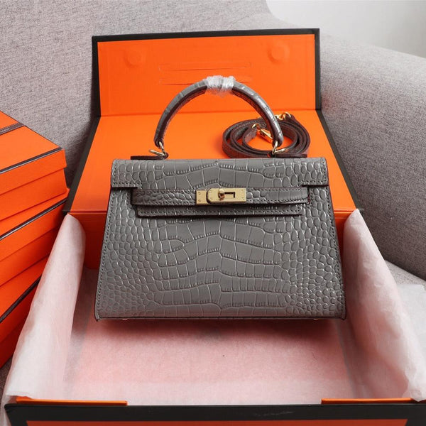 HM KELLY MINI 19 FOSSIL CROCODILE EMBOSSED CALFSKIN GOLD HARDWARE