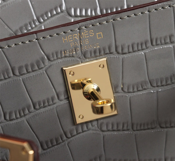 HM KELLY MINI 19 FOSSIL CROCODILE EMBOSSED CALFSKIN GOLD HARDWARE