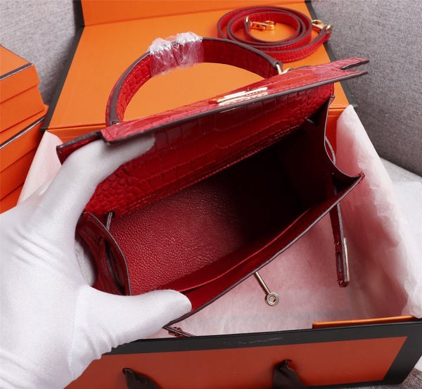 HM KELLY MINI 22 RED CROCODILE EMBOSSED CALFSKIN GOLD HARDWARE