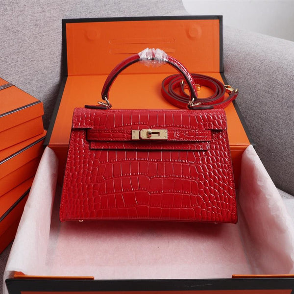 HM KELLY MINI 22 RED CROCODILE EMBOSSED CALFSKIN GOLD HARDWARE