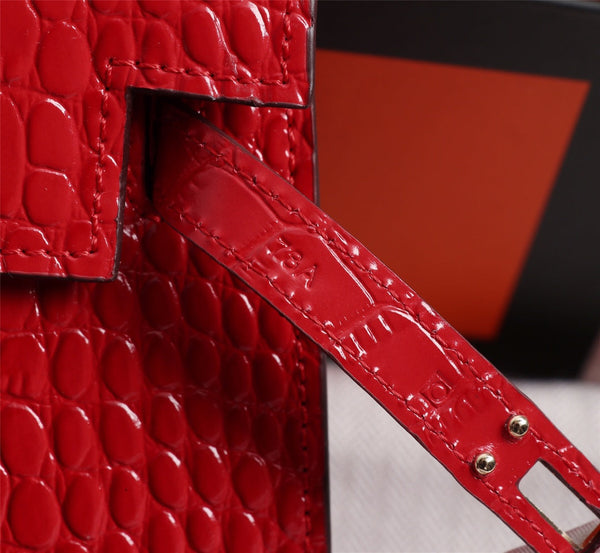 HM KELLY MINI 22 RED CROCODILE EMBOSSED CALFSKIN GOLD HARDWARE