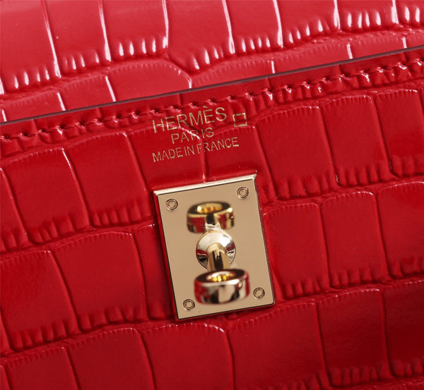 HM KELLY MINI 19 RED CROCODILE EMBOSSED CALFSKIN GOLD HARDWARE