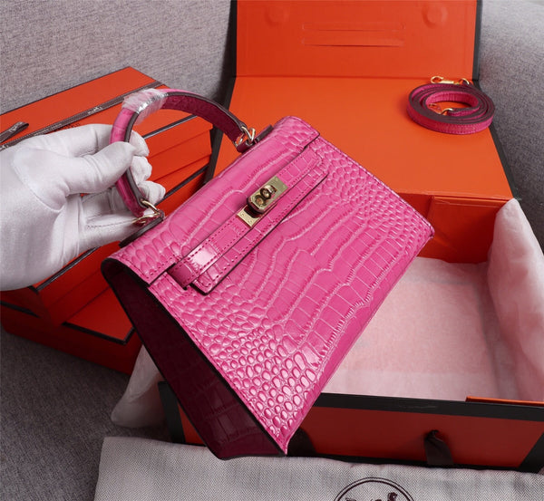 HM KELLY MINI 22 DEEP PINK CROCODILE EMBOSSED CALFSKIN GOLD HARDWARE