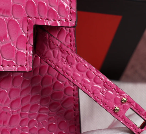 HM KELLY MINI 19 DEEP PINK CROCODILE EMBOSSED COWHIDE GOLD HARDWARE