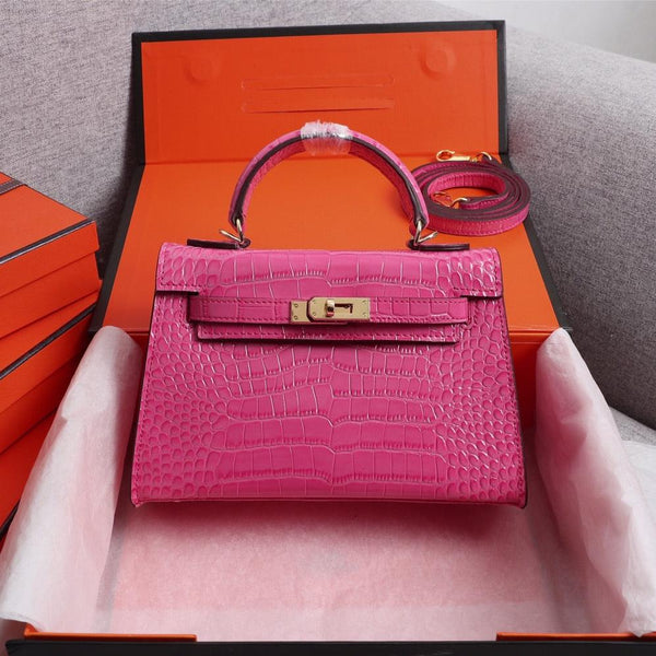 HM KELLY MINI 19 DEEP PINK CROCODILE EMBOSSED COWHIDE GOLD HARDWARE