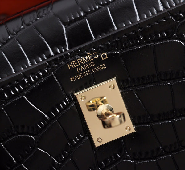 HM KELLY MINI 19 BLACK CROCODILE EMBOSSED CALFSKIN GOLD HARDWARE