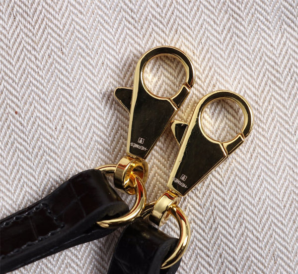 HM KELLY MINI 19 BLACK CROCODILE EMBOSSED CALFSKIN GOLD HARDWARE