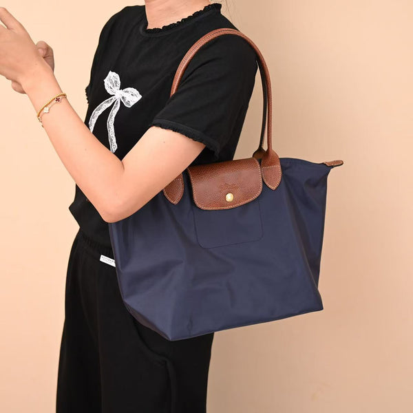 Longchamp Small Le Pliage Tote Bag Brown Navy Blue Polyamide Leather