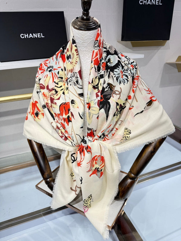 CC 2026 Square Scarf 140cm Red White Cashmere Silk 218853
