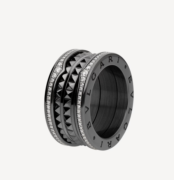 ANELLO ZERO 1 ROCK A QUATTRO FASCE IN CERAMICA NERA CON SPIRALE BORCHIATA E DIAMANTI PAVATI