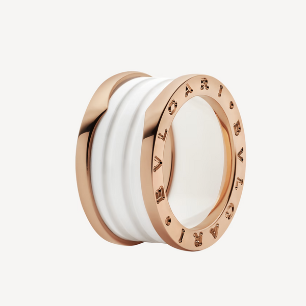 ZERO 1 ANELLO IN ORO ROSA CON QUATTRO ANELLI E SPIRALE IN CERAMICA BIANCA