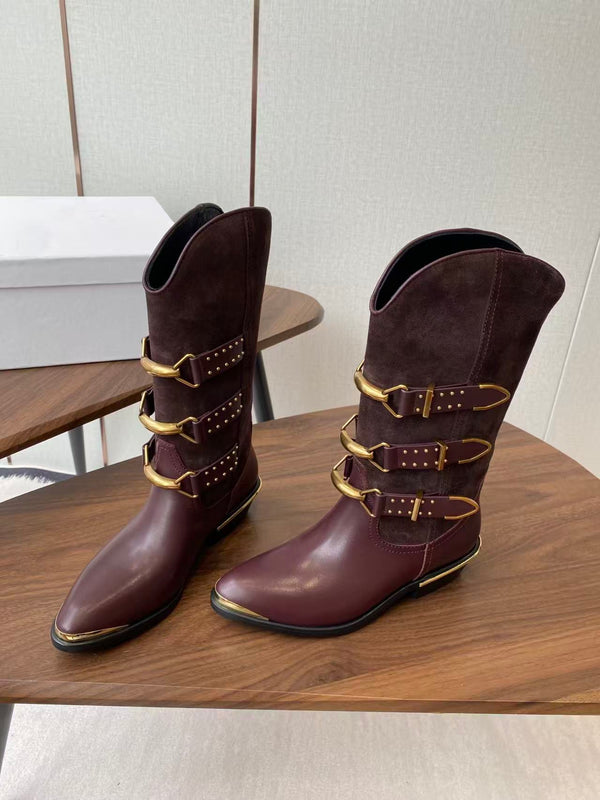 Isabel Marant Meixa Boots Santiag 30mm Burgundy Leather and Metal