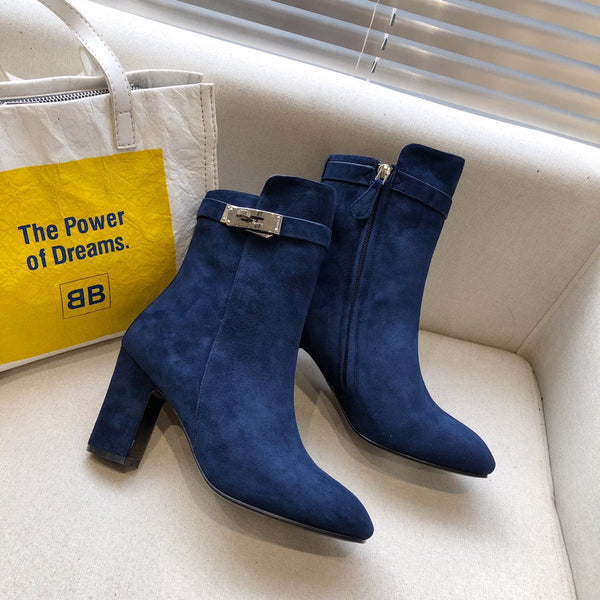 HM Classic Kelly High-Heeled Boots Navy Blue Suede 546202