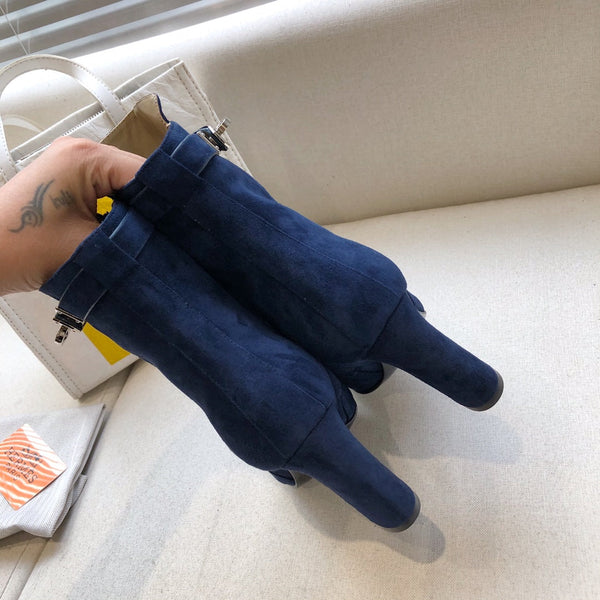 HM Classic Kelly High-Heeled Boots Navy Blue Suede 546202