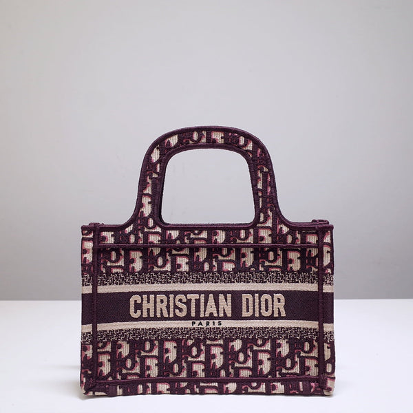 cd mini book tote 23cm burgundy beige embroidery canvas