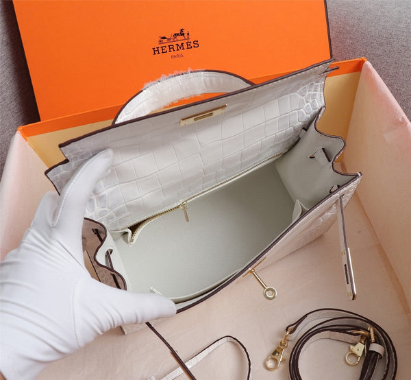HM KELLY BAG 25 WHITE CROCODILE EMBOSSED CALFSKIN
