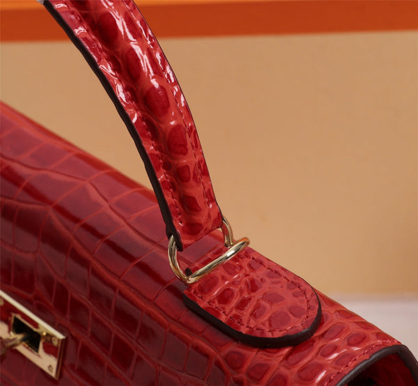 HM KELLY BAG 25 RED CROCODILE EMBOSSED CALFSKIN