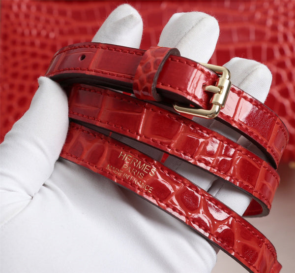 HM KELLY BAG 25 RED CROCODILE EMBOSSED CALFSKIN