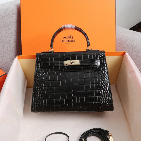 HM KELLY BAG 28 BLACK CROCODILE EMBOSSED CALFSKIN