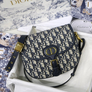 SAC MOYEN CD BOBBY 22CM TOILE BLEUE BRODÉE BIAIS MÉTAL DORÉ