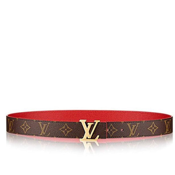 LV INITIALES 30 MM REVERSIBLE BELT IN BROWN MONOGRAM AND CHERRY RED CALFSKIN GOLD HARDWARE