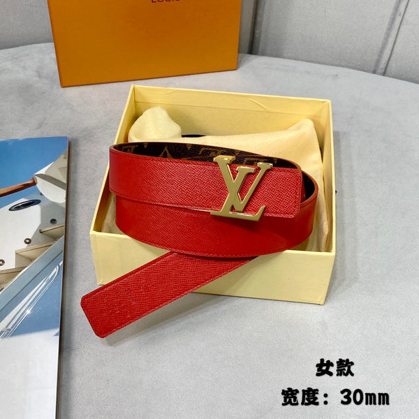 LV INITIALES 30 MM REVERSIBLE BELT IN BROWN MONOGRAM AND CHERRY RED CALFSKIN GOLD HARDWARE