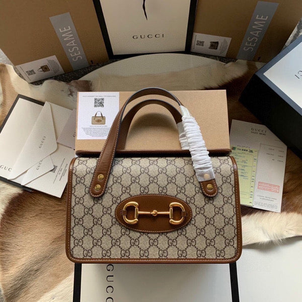 BORSA GG HORSEBIT 1955 PICCOLA 27 IN TELA BEIGE E PELLE DI VITELLO MARRONE