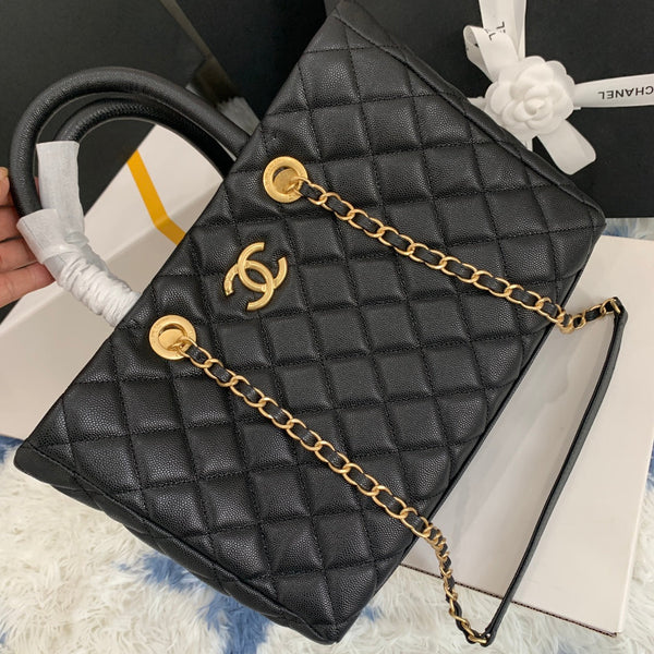 borsa shopping cc 30cm in pelle trapuntata nera caviale ghw