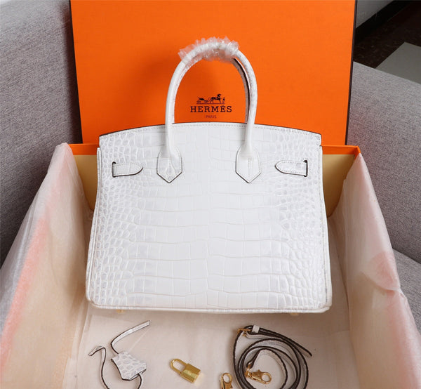 HM BIRKIN BAG 25 WHITE CROCODILE EMBOSSED CALFSKIN